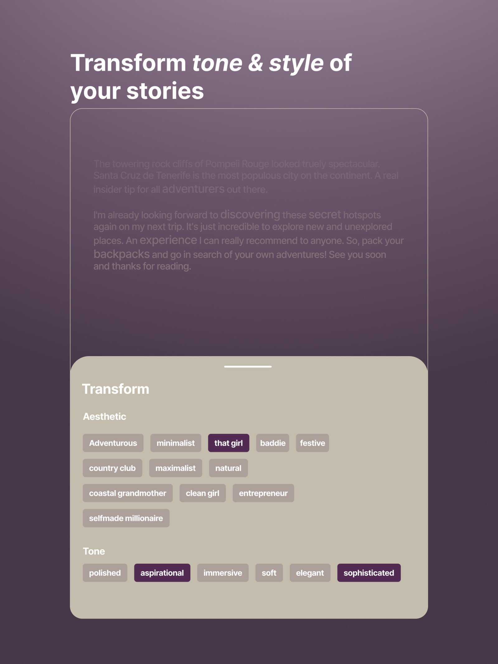 Instantly transform your words into engaging captions, stories, or recipes with Exposure’s unique AI-powered writing tools. Choose your style and let your content shine!