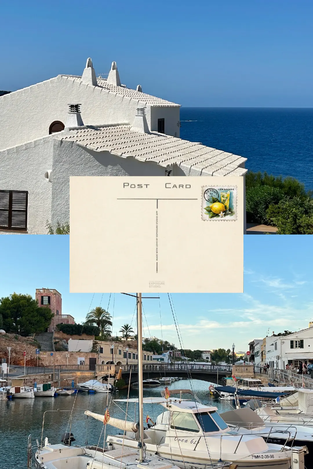 Postcards from Menorca travel recap template, postcard back page, front layer