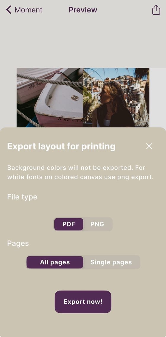 Print-ready photo book export screen in the Exposure app