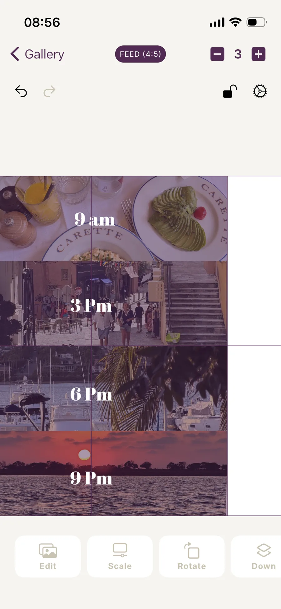 Placing multiple photos onto the seamless carousel canvas in Exposure, with the slide count and 4:5 feed format selected