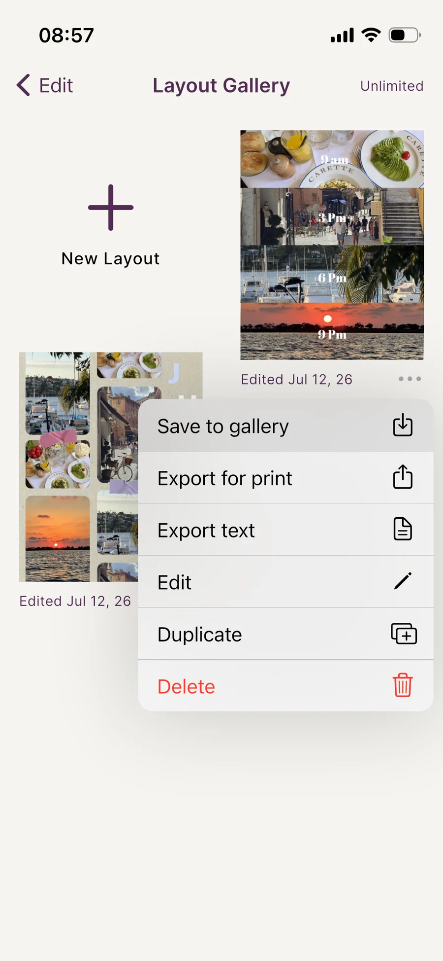 Exposure's Layout Gallery showing a finished carousel layout with export options: Save to gallery, Export for print, Export text