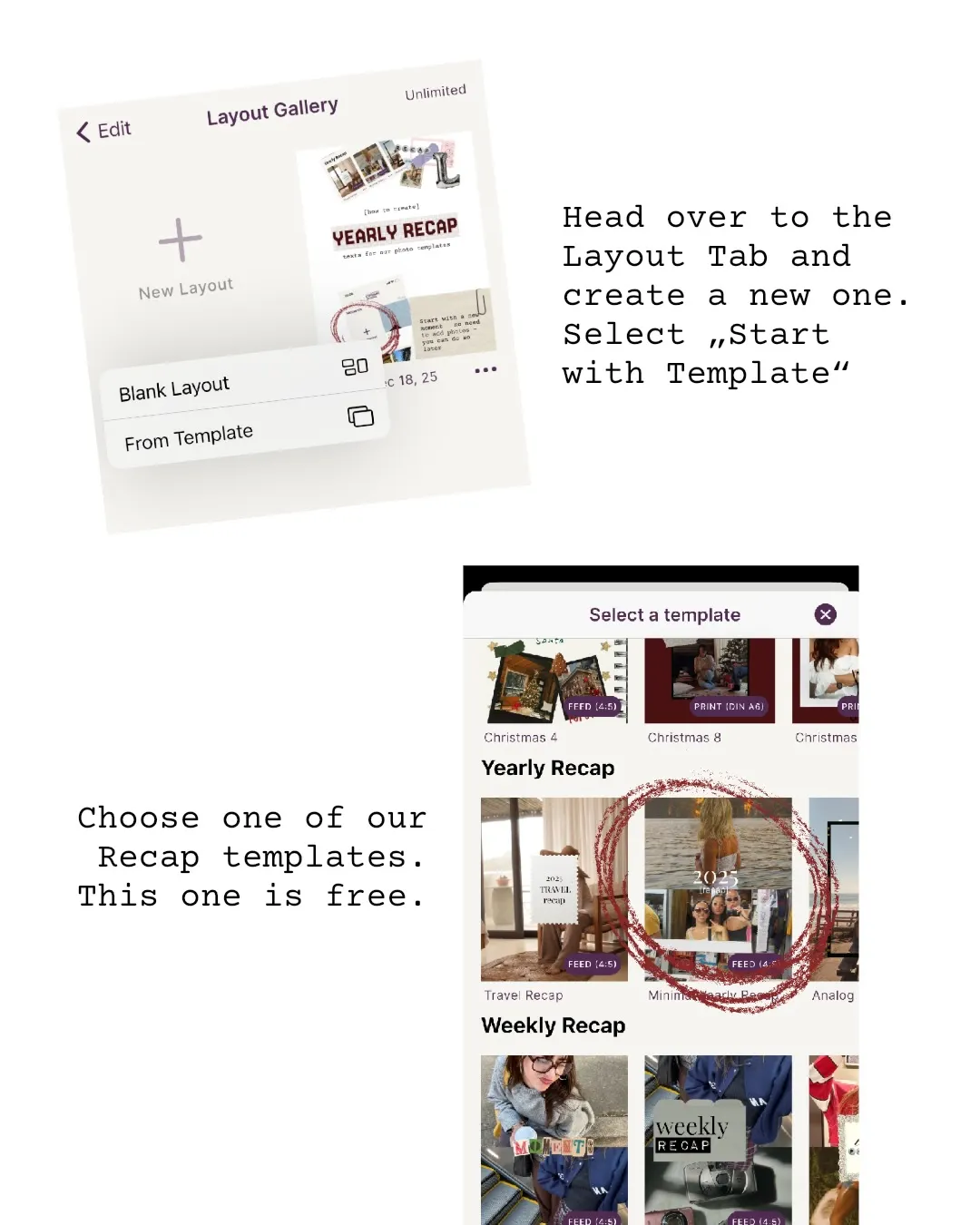 Layout Gallery with From Template and the Yearly Recap templates
