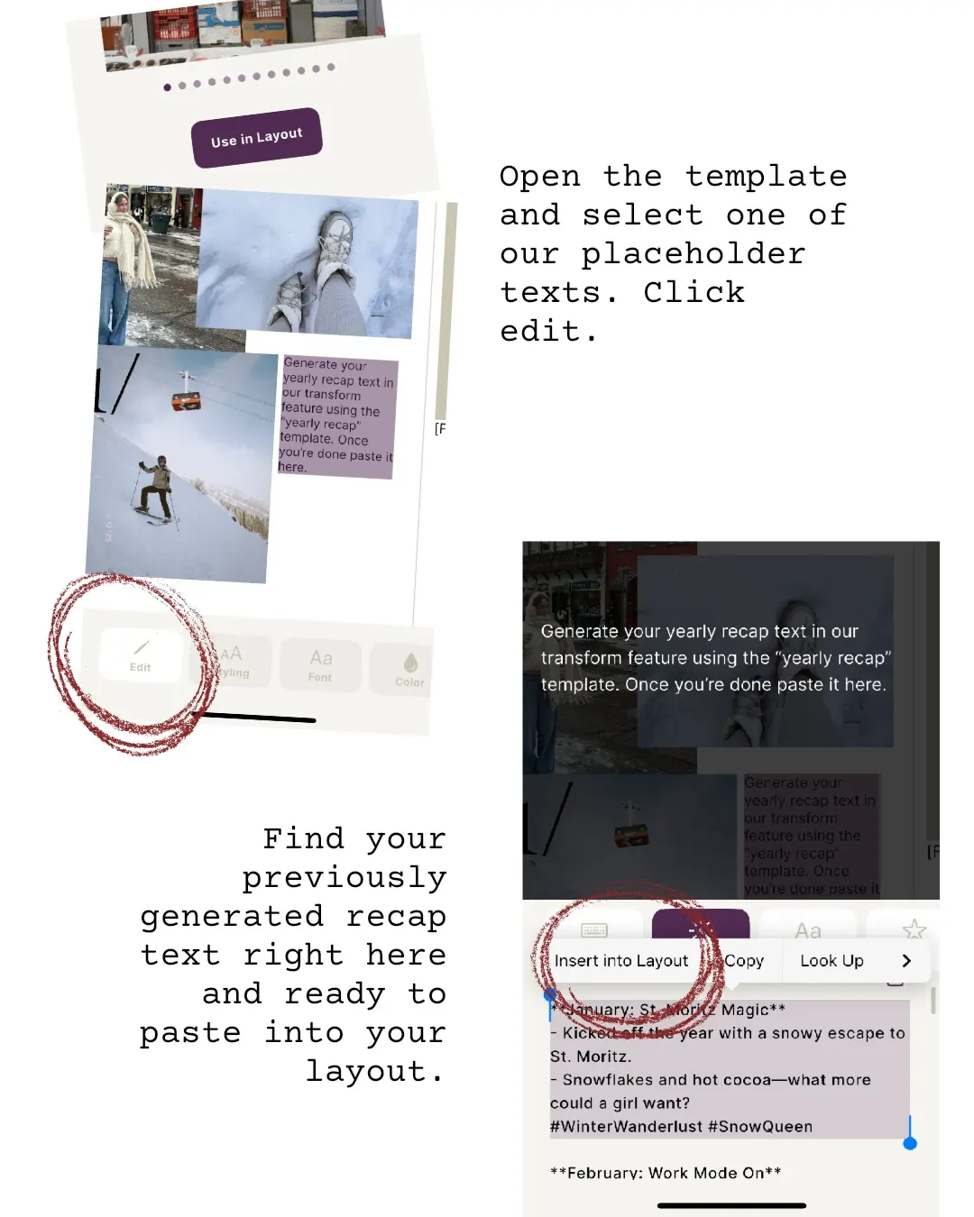 Inserting the generated recap text into a placeholder on the yearly recap template