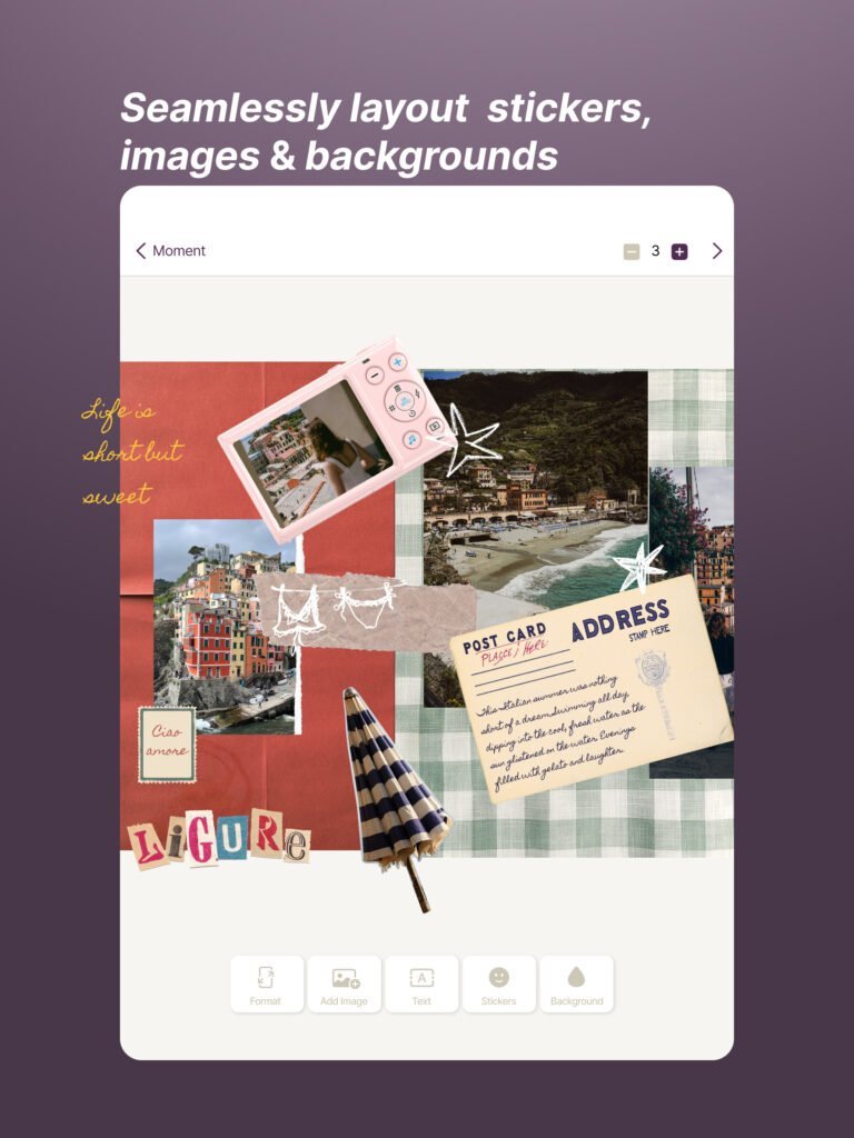 Seamlessly layout stickers, images and backgrounds on iPad in Exposure, front layer